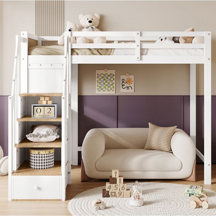 MEUBLIV Lit surélevé enfant 90 x 200 cm avec bureau 3 tiroirs étagère et escalier de rangement blanc naturel