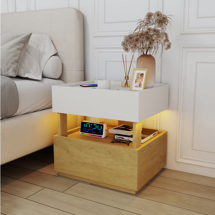 Table de nuit 50 x 40 x 50 cm avec charge sans fil LED reglable 2 tiroirs blanc et bois naturel