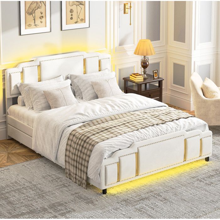 WOVREO lit double 140 x 200 cm en velours beige avec LED integree 4 tiroirs et sommier a lattes