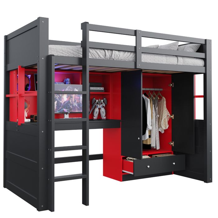 Lit mezzanine gamer 90x200 cm avec bureau armoire tiroirs et rangements échelle incluse noir rouge