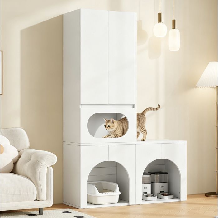 Meuble litière chat pour 2 litières armoire de rangement niche de repos ovale MDF blanc 140 × 45 × 195 cm