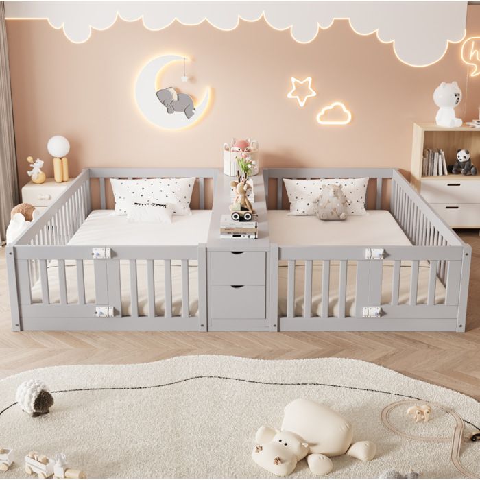 Lit enfant double 2 couchages 90x200 AESVAR avec rangement central 2 tiroirs barrières hautes bois gris