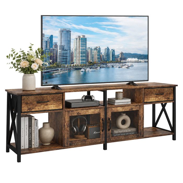 Relaxdays Meuble TV bas H x L x P : 60 x 180 x 40 cm 2 tiroirs 4 compartiments style industriel marron/noir
