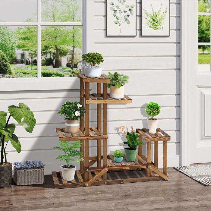 Étagère à plantes – support en bois 6 niveaux – design asymétrique orange brûlé – 95 x 28 x 96 5 cm