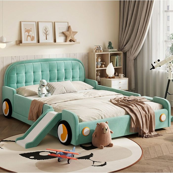 ULEVR lit enfant voiture rembourré bleu-vert avec toboggan et escalier réversibles 140 x 200 cm