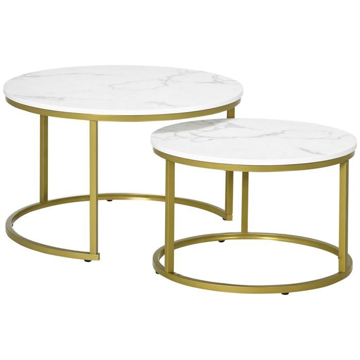 Ensemble de 2 tables basses rondes et empilables en acier et aggloméré Ø74 x 463 cm et Ø59 x 385 cm blanc et or