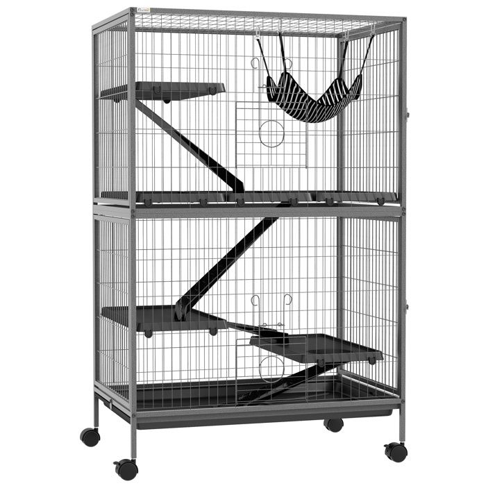 Cage pour rongeurs Multifonction 4 plateformes 3 rampes 4 portes 80x52x128 cm Acier Gris Argenté Noir