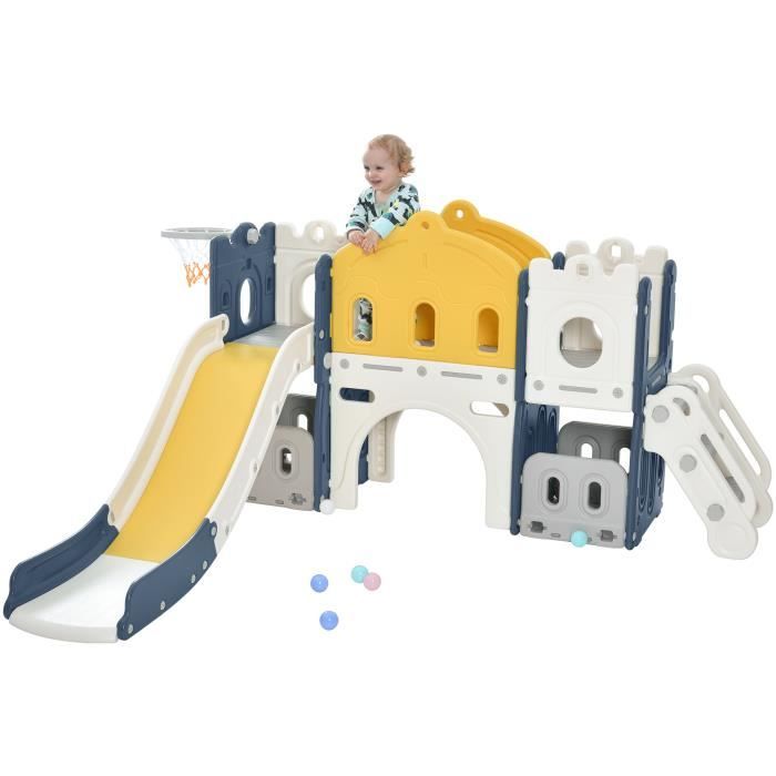 Toboggan station de jeux 6 en 1 avec balançoire, aire de jeux intérieure et extérieure, cadre de basket, jeu de forage, bleue