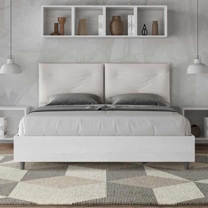 Lit double Egos Appia blanc - Egos - 160x190 cm - coussins en bois - boutons décoratifs