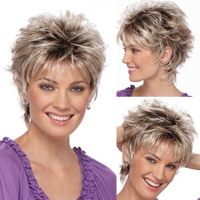 Mode Perruque Courte Coupe De Cheveux Boucles Degrade De Couleur