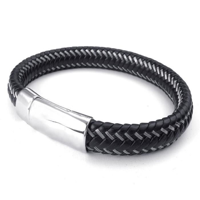 Bracelet Homme En Cuir Noir Avec Fermoir Magnétique - Acier Inoxydable, Longueur 21,5 Cm - Occasion Très Bon état