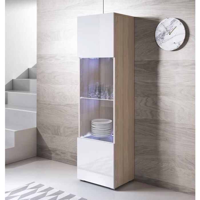 Vitrine Blanche Brillante Avec éclairage Led, 3 étagères En Verre, 55