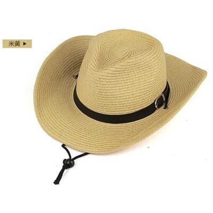 Chapeau De Cowboy En Paille Large Bord - Protection Solaire, Respirant, Sangle Réglable, Pour Plage Et Vacances D'été - 1