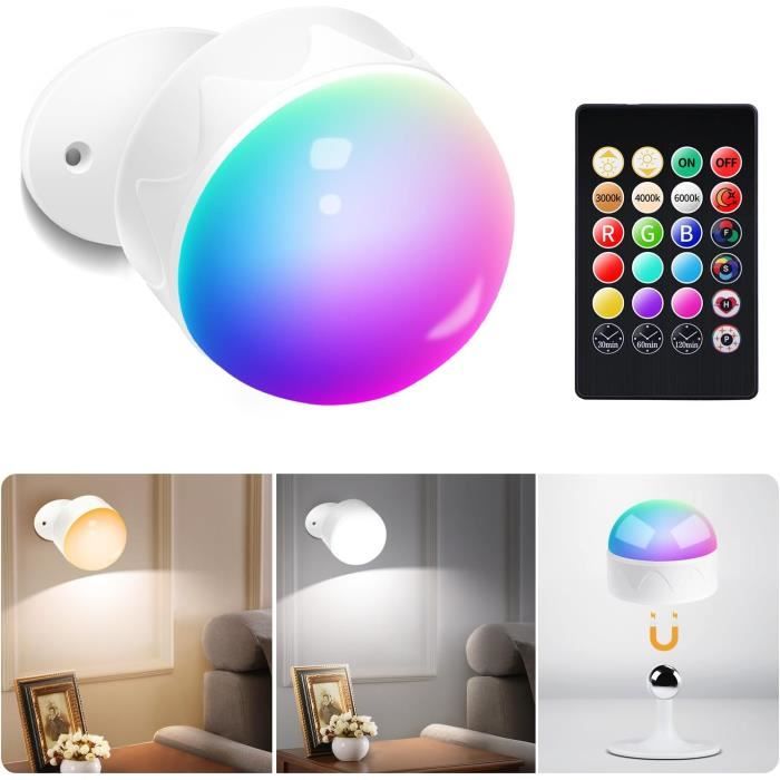 Lot De 2 Appliques Murales LED Sans Fil Rechargeables - Rotation 360° - Télécommande - 3 Couleurs - 4000mAh