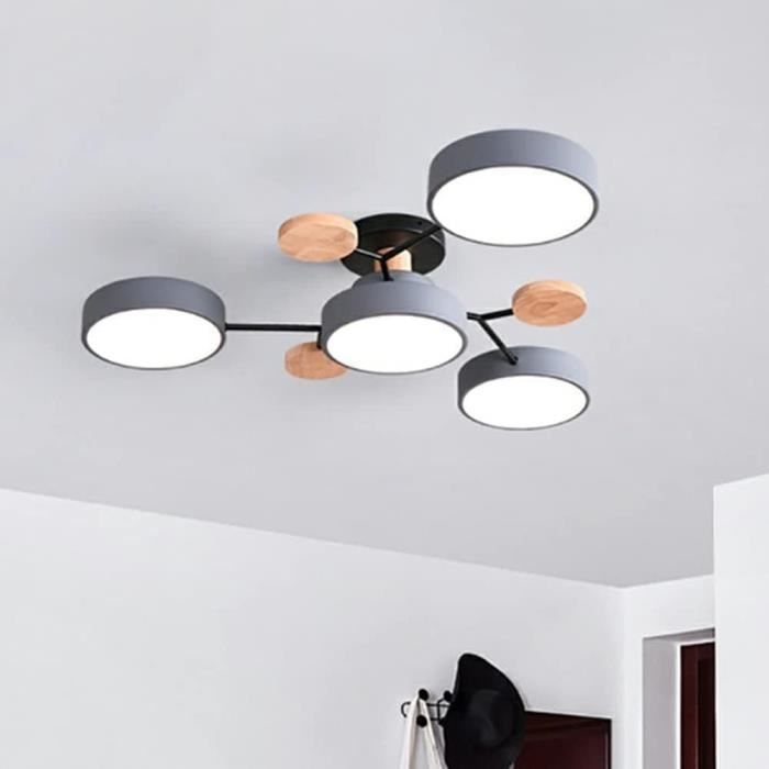 Plafonnier LED Semi-encastré Gris Nordique Avec Décoration En Bois – Luminaire Circulaire Moderne En Acrylique Spoutnik Pour Salon, Salle à Manger Et Chambre à Coucher