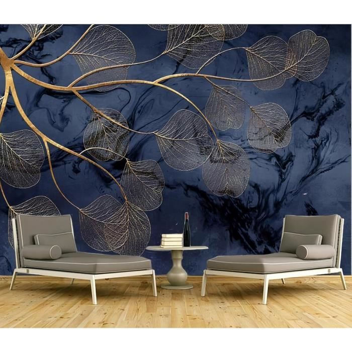 Papier Peint Panoramique 3D Feuilles D'Or Fond D'Art Bleu Branches Papiers  Peints Soie Tapisserie Murales Poster 250x175cm - Cdiscount Bricolage