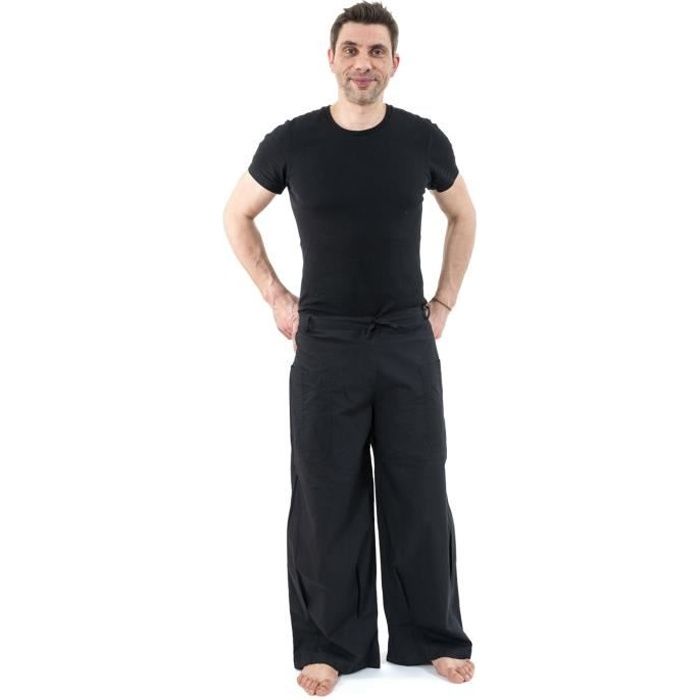 Fantazia - Pantalon grande taille homme - Pantalon mixte large droit basique coton leger noir uni Pyanta