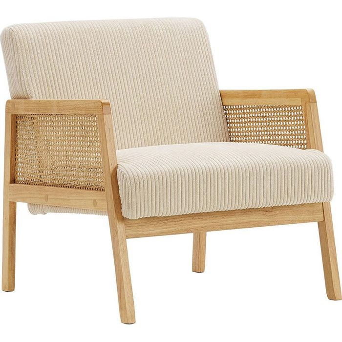 Fauteuil en cannage et velours côtelé beige - Mani