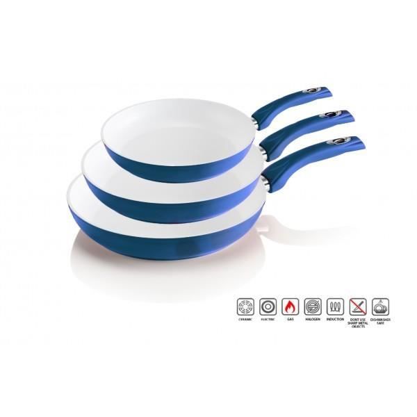 Lot de 3 poéles en céramique antibactériens plusieurs couleurs 20 24 28 cm (Bleu clair