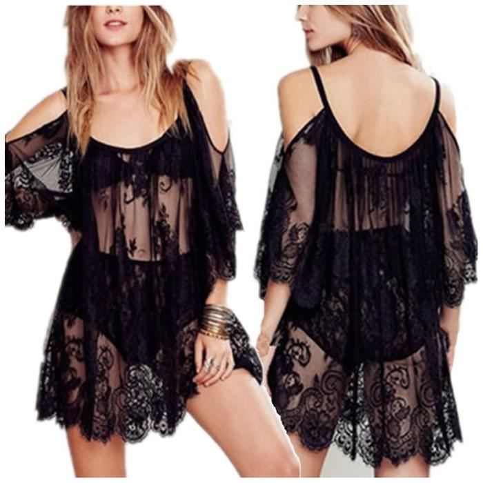 Robe De Plage Pareo Femme Sexy En Dentelle Tuni Noir Achat Vente Pareo Pagne Cdiscount