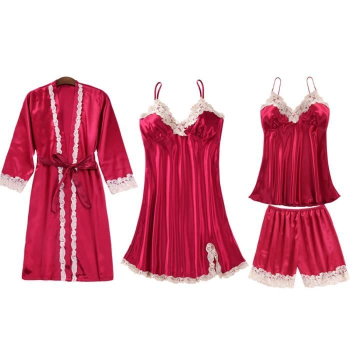 Femmes Ensemble Pyjamas Kimono Satin Camisole Shorts Bretelle Nuisette Dentelle de Soie Chemise de Nuit Col en V 4 Piece A 4 piece a Cdiscount Pret a Porter