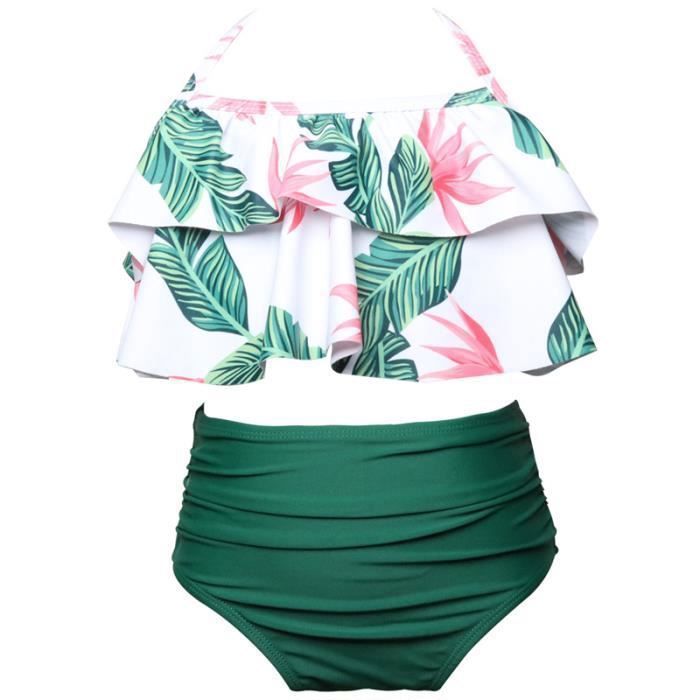 Maillot de Bain Tankini Bikinis Fille 2 Pièces Stretch Taille Haut pour Natation Été Vacances - Vert - Vert
