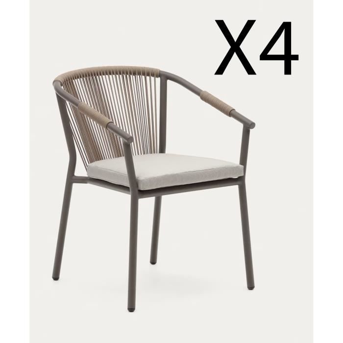 lot de 4 chaises de jardin en aluminium et corde marron - longueur 59 x profondeur 63 x hauteur 79 cm