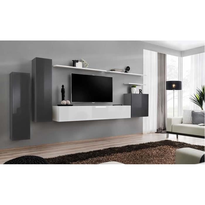 meuble tv mural - price factory - switch i - gris - blanc brillant - 1 porte - 3 compartiments