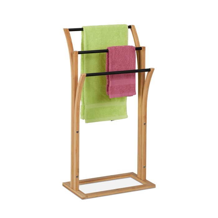 Relaxdays Porte-serviettes bambou 3 barres H x L x P: 82 x 42 x 24 cm support serviettes salle de bain nature/noir