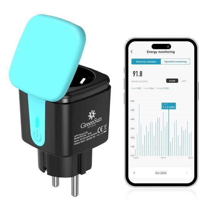 Prise Extérieure Connectée Étanche IP44 Greenaura - Minuteur, Alexa, Compteur Énergie, 16A WiFi 2.4GHz