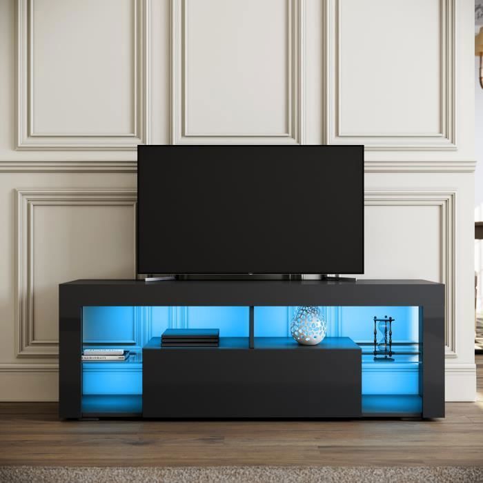 SIRHONA Meuble TV Bas Noir Banc TV de Salon avec Lumière LED 140x35x505cm Armoire de Base