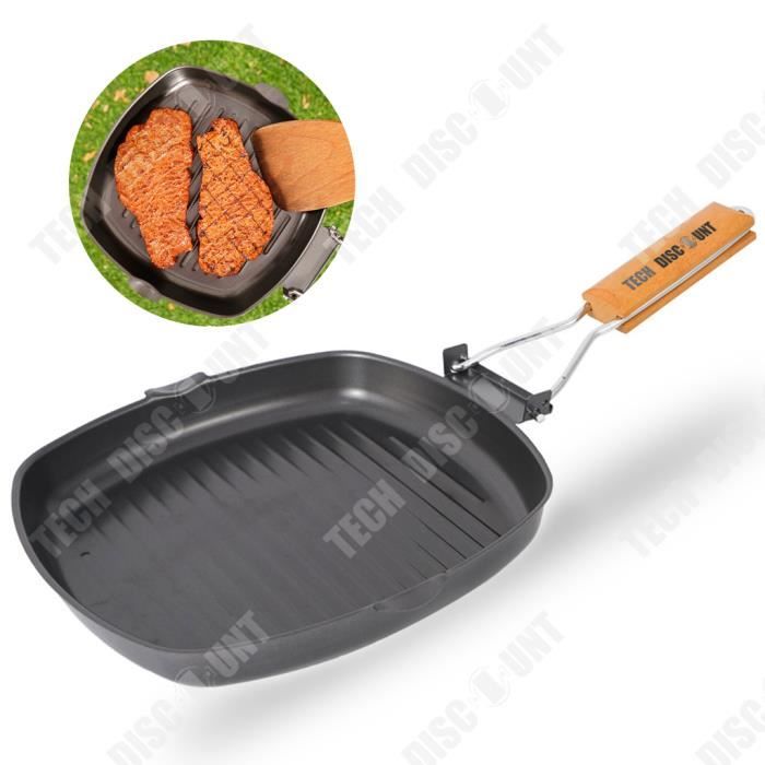 TD® Plaque de barbecue en plein air pique-nique pliable portable pot en fonte plaque de gril anti-brûlure manche en bois pot à