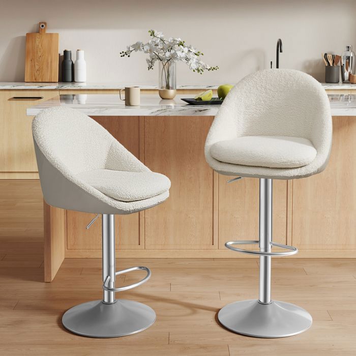 Tabouret de Bar Lot de 2 Réglable en Hauteur Pivotant à 360° avec Dossier Socle Repose-pieds Acier Blanc Crème