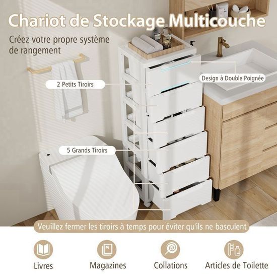 COSTWAY Tour De Rangement, Chariot De Rangement à 12 Tiroirs Avec 4 Roues Pivotantes Dont 2 Avec Freins Structure En Fer 64x38x75 Cm