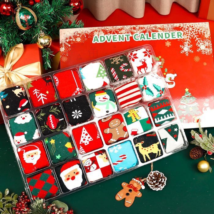 Calendrier De L'Avent Chaussettes 2025 - 24 Paires En Coton, Motifs Noël, Cadeau Pour Adultes