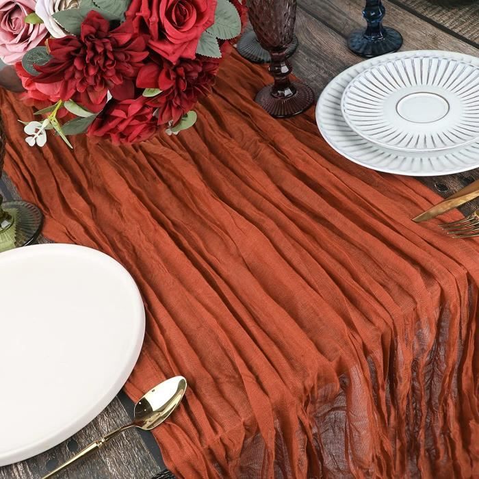 Chemin De Table Boho Gaze Bordeaux 90x300cm - Décoration Mariage Fête Élégante Mousseline