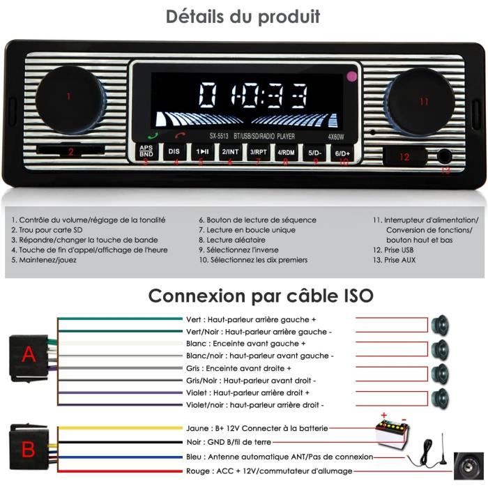 Auto Auto Radio Bluetooth Vintage Sans Fil Mp3 Lecteur Multimédia