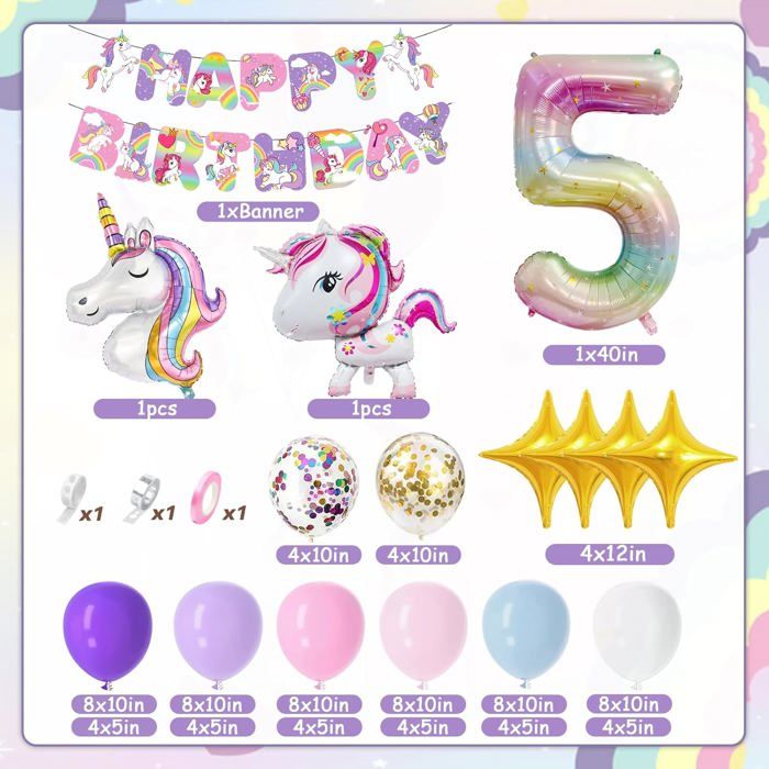 Kit Décoration Anniversaire Licorne Fille 5 Ans - Ballons 4D, Guirlande, Décoration Gâteau