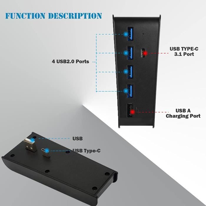 Hub USB 5 Ports pour PS5, Adaptateur Séparateur de Chargeur de  Concentrateur d'extension Haute Vitesse avec 4 Ports USB + 1 Port -  Cdiscount