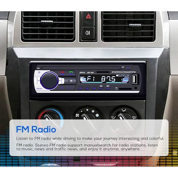 Autoradio Bluetooth, 1 DIN Auto Stereo FM Radio/EQ/USB/TF/SD/AUX
