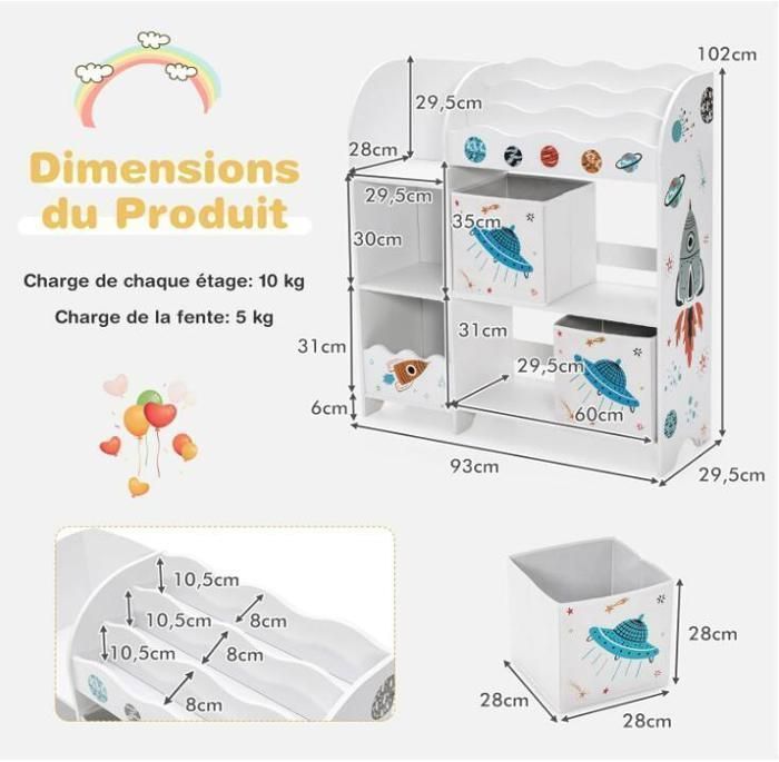 Meuble De Rangement Enfant Éléphant - 4 Compartiments, Blanc, 60.5x64.5x20.5 Cm - Pour Jouets, Livres