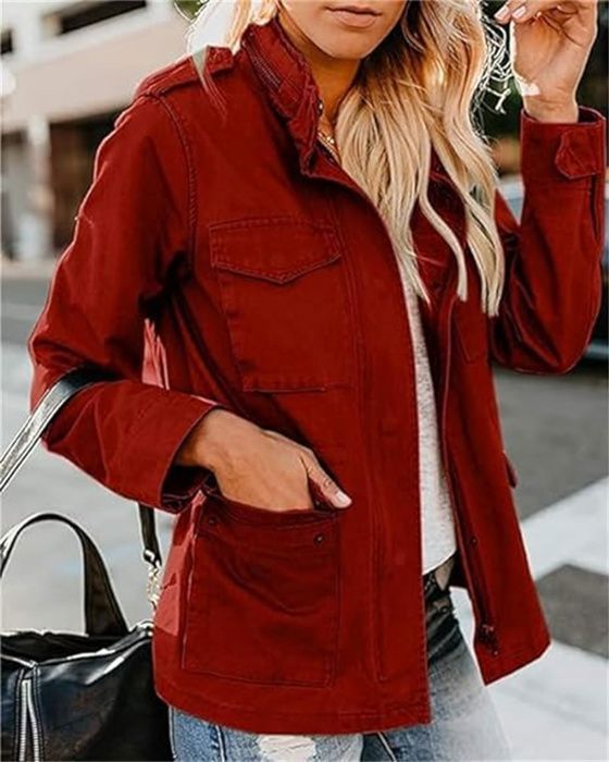 Veste Militaire Femme Blouson Manteau Court Parka en Coton avec Poches Ziper Rouge Adulte Femme