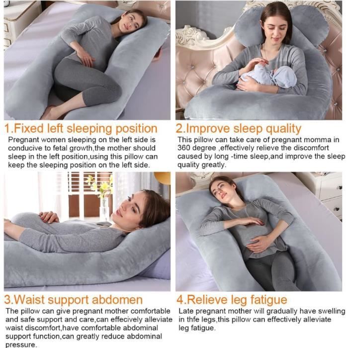 Coussin De Grossesse En Forme De J/U - Soutien Dos, Hanches, Jambes, Housse Velours Lavable, Pour Dormir Et Allaitement