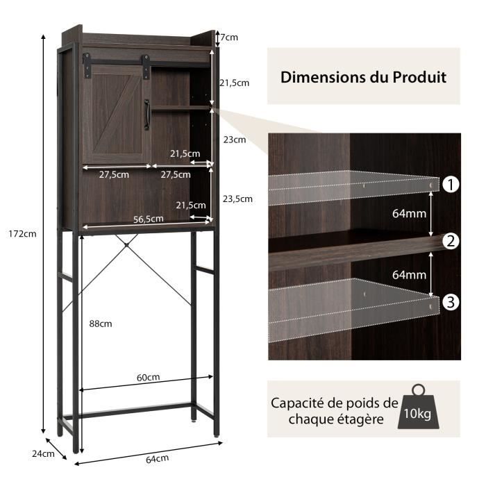 COSTWAY Meuble De Rangement Pour Salle De Bain En Bambou - 3 étagères Ajustables, 3 Crochets, à Placer Au-dessus Des Toilettes - Dimensions 71,5x25x166 Cm, Charge 60 Kg