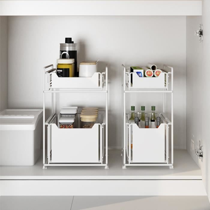 Étagère De Rangement Sous Évier KANCAMPI - Tiroirs Coulissants Blancs - Réglable 39-47cm - Métal Robust