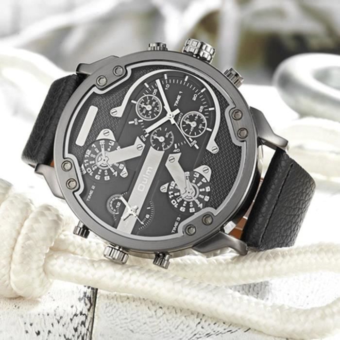 OULM 3548 Design special hommes 2 mouvement montre bracelet grand boitier de forme ronde bracelet en cuir homme montre bracelet a Qu Achat vente montre Homme Cuir Black Friday Cdiscount