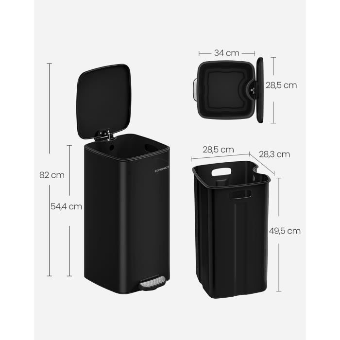 Poubelle De Cuisine à Pédale URBAN Noir Acier Inoxydable 30L