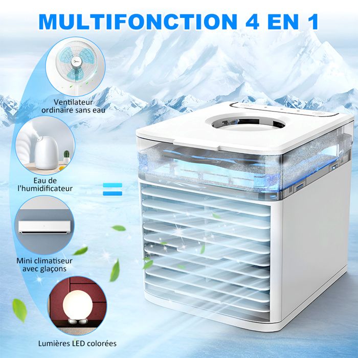 Climatiseur Mobile Portable 4 En 1 - Ventilateur, Humidificateur, Brumisateur, Veilleuse - 600ml, 3 Vitesses, 7 Couleurs - 13