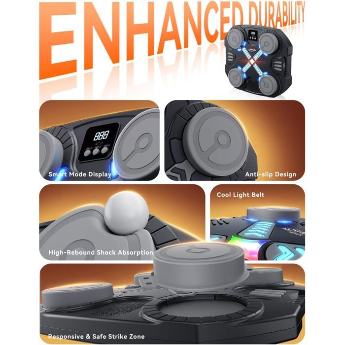 Machine De Boxe Musicale Fulluky – Cible Murale Avec 6 Lumières, Bluetooth, Batterie 1200mAh – Gants Inclus