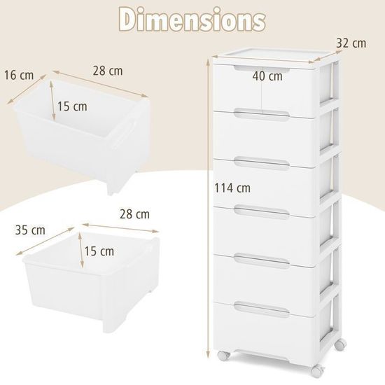 COSTWAY Caisson de Bureau à Roulettes, Meuble Rangement Bureau 7 Tiroirs, Commode Rangement 7 Tiroirs pour Papier, Document, Lettre (Blanc,48 x 40 x 87 cm